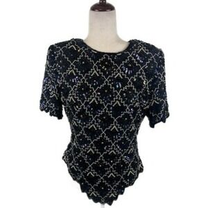 Laurence Kazar New York Black 100% Silk Beaded Sequin Holiday Top‎ Size Large